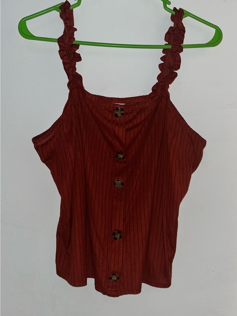 No Boundaries Rust Ribbed Button-Front Cami with Ruffled Straps